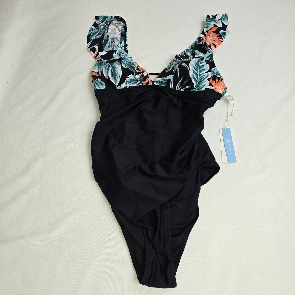 New CUPSHE Women's Tropical Floral Ruffle Deep Cut One Piece Swimsuit L